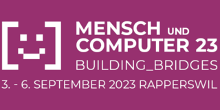 Logo und Schriftmarke der Fachtagung Mensch und Computer 23 in weißer Schrift vor pink-rotem Hintergrund. Das Thema Building Bridges und der Tagungszeitraum 3. bis 6. September 2023 in Rapperswill sind darunter vermerkt.