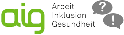 Logo und Schriftmarke Arbeit, Inklusion, Gesundheit. Daneben zwei Sprechblasen mit Frage- und Ausrufezeichen. Darunter die Unterschrift Kolloquium