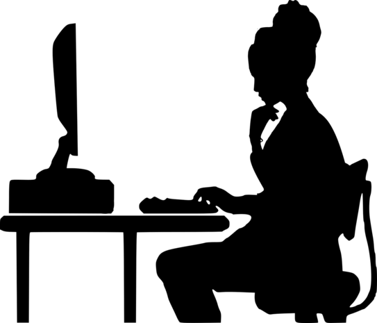 a schematic black and white depiction of a woman in front of a computer.